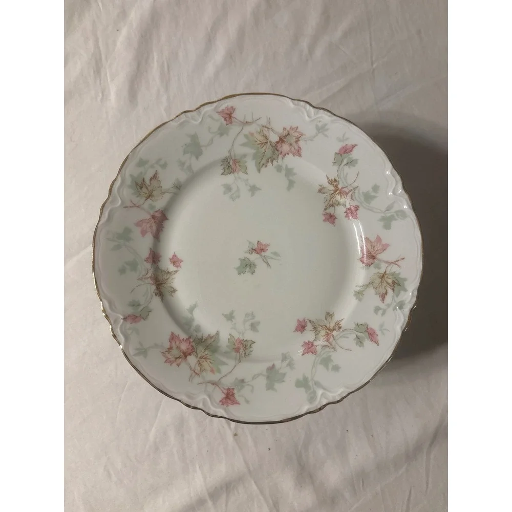 Hutschenreuther Selb Bavaria Salad Plates Set of 12 Pink Green Leaf Gold Trim EX